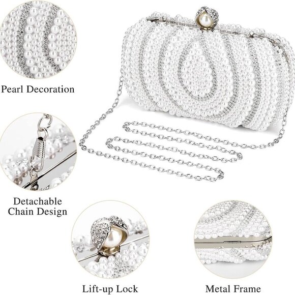 Women's Pearl Beaded Evening Clutches Bags for Wedding Luxury Evening Purse Hand - Picture 3 of 7